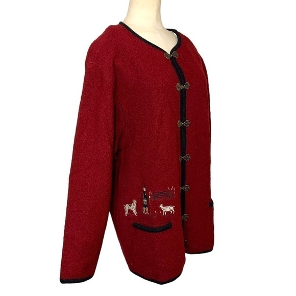 𝅺VINTAGE 80's Feu Rouge Embroidered Country Red pure Wool Shacket Cardigan Sz L - Picture 2 of 13